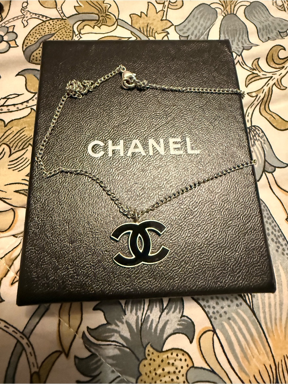 CHANEL Silver Chain Necklace with Black CC Pendant